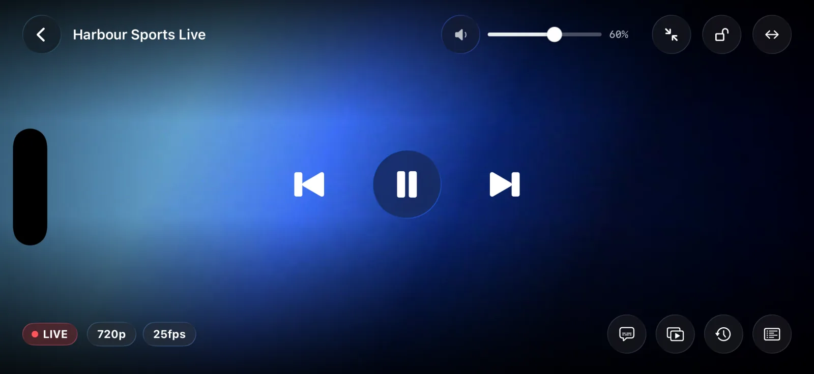 A live channel playing in Gflix on iPhone, with its controls showing